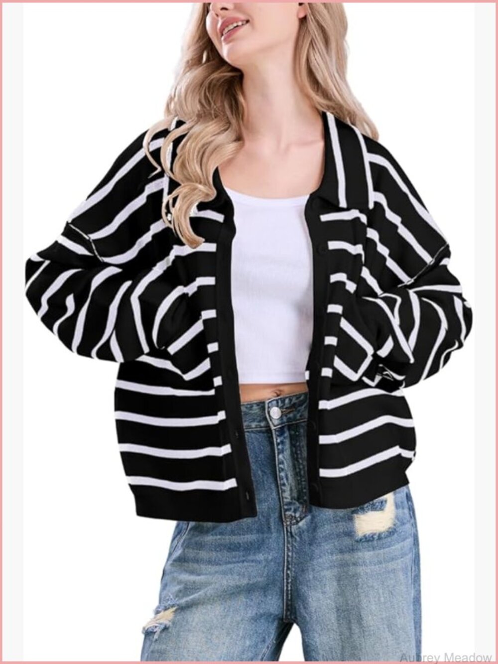 Button Down Striped Cardigan Sweater Polo Collar Open Front Knit Jacket